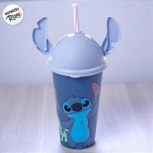 Copo de Plástico com Tampa e Canudo Orelha Stitch - 500ml - 1 unidade - Disney Original - Plasútil