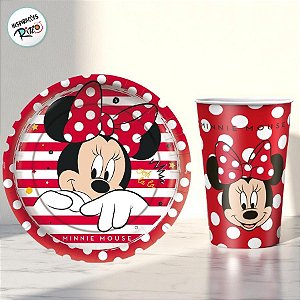 Kit Copo e Prato de Papel - Minnie Mouse Vermelha - 16 Itens - 1 unidade - Disney Original - Rizzo