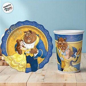 Kit Copo e Prato de Papel - A Bela e a Fera - 16 Itens - 1 unidade - Disney Original - Rizzo