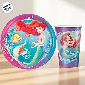 Kit Copo e Prato de Papel - Ariel - 16 Itens - 1 unidade - Disney Original - Rizzo