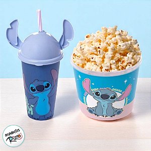 Kit Cinema - Balde de Pipoca e Copo com Canudo - Orelha Stitch  - 1 unidade - Disney Original - Rizzo