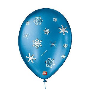 Balão de Festa Decorado Floco de Neve - Azul Cintilante 9" 23cm - 25 Unidades - Balões São Roque