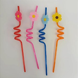 Canudo Espiral Rigido Colorido - Flores - 27cm - 4 unidades - Rizzo