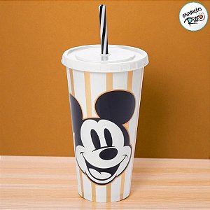 Copo de Plástico com Tampa e Canudo Mickey Listrado - 700ml - 1 unidade - Disney Original - Plasútil