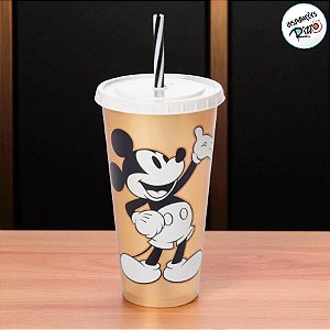 Copo de Plástico com Tampa e Canudo Mickey Dourado - 700ml - 1 unidade - Disney Original - Plasútil