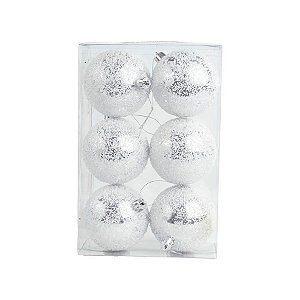 Bolas de Natal Açucarada - Prata - 8cm  - 6 unidades - Cromus - Rizzo