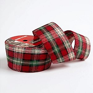 Fita Aramada Decorativa de Natal - Xadrez Vermelha e Verde - 3,8x914cm - 1 unidades - Cromus - Rizzo