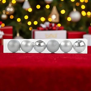 Bolas de Natal em Tubo - Prata Perolada, Matte e Glitter - 7cm - 6 unidades - Cromus - Rizzo