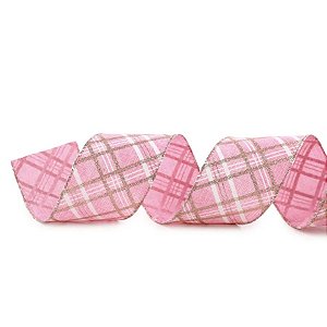 Fita Decorativa Aramada - Xadrez Rosa, Branco e Ouro - 6,3x914cm   - 1 unidade - Cromus - Rizzo