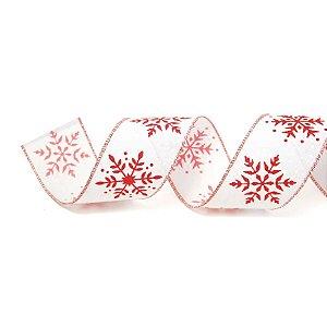 Fita Decorativa Aramada - Floco de Neve Branco e Vermelho com Glitter - 6,3x914cm   - 1 unidade - Cromus - Rizzo