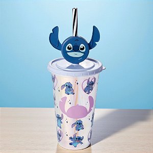 Copo de Plástico com Tampa e Canudo Pin Stitch Holográfico - 500ml - 1 unidade - Disney Original - Plasútil