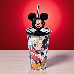Copo de Plástico com Tampa e Canudo Pin Mickey Mouse - Prata - 500ml - 1 unidade - Disney Original - Plasútil