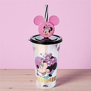 Copo de Plástico com Tampa e Canudo Pin Minnie Rosa - Holográfico - 500ml - 1 unidade - Disney Original - Plasútil