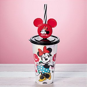 Copo de Plástico com Tampa e Canudo Pin Minnie Red - Holográfico - 500ml - 1 unidade - Disney Original - Plasútil