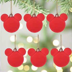 Bola de Natal - Mickey - Aveludada Vermelha - 6cm - 6 unidades - Disney Original - Cromus