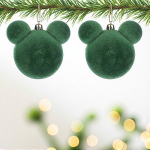 Bola de Natal - Mickey - Aveludada Verde - 10cm - 2 unidades - Disney Original - Cromus