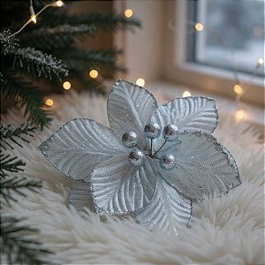 Poinsétia Decorativa - Magnólia Azul Claro e Glitter - 23cm - 1 unidade - Cromus - Rizzo