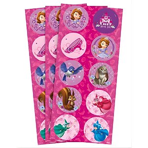 Adesivo Redondo - Sofia The First - 4x4cm - 30 unidades - Regina - Disney Original