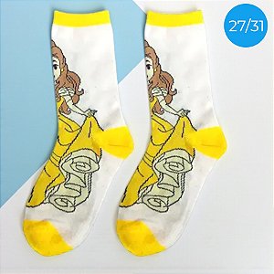 Meia Infantil Cano Médio - Bela - Amarela - 27/31 - 1 unidade - Disney Original - Jolitex