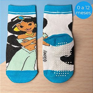 Meia Infantil Antiderrapante - Jasmine - Azul - 0 a 12 Meses - 1 unidade - Disney Original - Jolitex