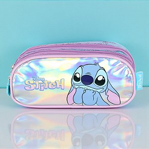 Estojo Triplo com Zíper - Stitch - Azul Holográfico - Disney Original - 1 unidade - Luxcel