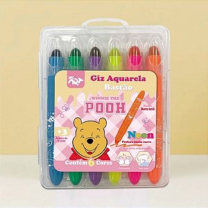 Giz Aquarela Neon Bastão - Ursinho Pooh - 6 Cores - Disney Original - 1 unidade - DAC