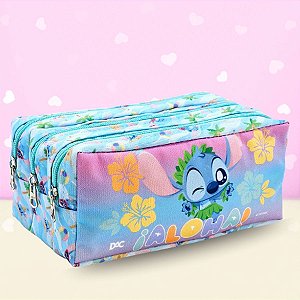 Estojo Triplo com Zíper - Stitch Aloha - 19x11cm - Disney Original - 1 unidade - DAC