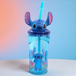 Copo com Tampa e Canudo - Stitch 3D - Azul - 360ml - Disney Original - 1 unidade - Tuut