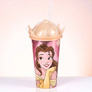 Copo com Canudo e Tampa Coroa - Bela - 500ml - Disney Original - 1 unidade - Plasútil