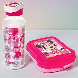 Conjunto Garrafa com Canudo e Sanduicheira - Minnie Mouse Rosa - 1 unidade - Disney Original - Plasútil