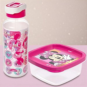 Conjunto Garrafa com Canudo e Pote Quadrado - Minnie Mouse Rosa - 1 unidade - Disney Original - Plasútil