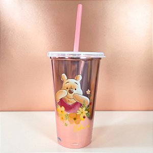Copo de Plástico com Tampa e Canudo - Ursinho Pooh - Rosé - 500ml - Disney Original - 1 unidade - Plasútil - Rizzo