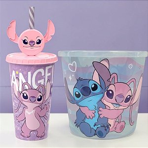 Kit Cinema - Balde de Pipoca e Copo com Canudo - Stitch e Angel - Disney Original - 1 unidade - Plasútil - Rizzo