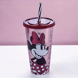 Copo de Plástico com Tampa e Canudo - Minnie Mouse - Rosa Metalizado - 700ml - 1 unidade - Plasútil - Rizzo