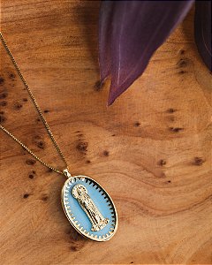 Colar Nossa Senhora de Fátima Fundo Turquesa - Folheado a Ouro