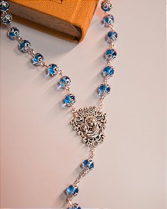 Terço Madonna 8mm - Cristal Azul Tulipa Flor - Folheado