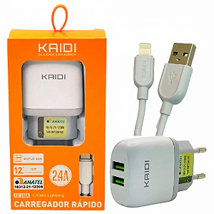 Carregador Kaidi KD-556A – Duplo USB + Cabo /Lightning | 2.4A