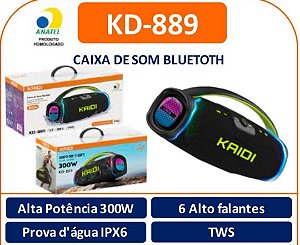 Caixa de Som Bluetooth Kaidi KD-889 – 300W, à Prova d'Água IPX6, TWS