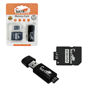 Cartão de Memória Eletromex 64GB + Adaptador SD + Leitor USB – Ultra Speed Classe 10