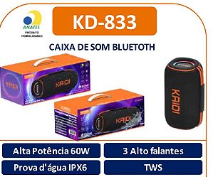 Caixa de Som Sem Fio Kaidi KD-833 – Potência de 60W e Resistência IPX6