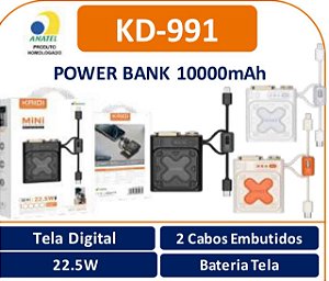 Carregador Portátil Power Bank Kaidi KD-991 – 10000mAh, Tela Digital, 22.5W
