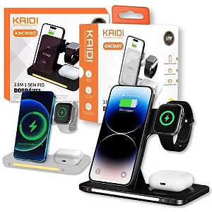 Carregador Sem Fio Dobrável 3 em 1 Kaidi KNC-9097 – Para Celular, Smartwatch e Fones