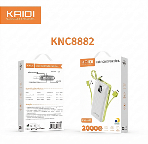 Power Bank 20000mAh Kaidi KNC8882 Carregador Portátil Rápido USB USB-C Linghtning Cor Sortiida