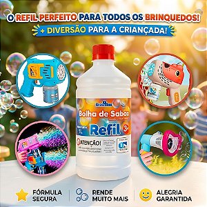 Refil Bolha de Sabão Líquido 1 Litro para Lança Bolhas Infantil Bubble Brasilflex Atóxica e Perfumada