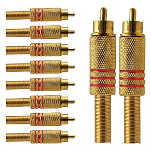 Kit com 10 Conectores Linha RCA Macho Metal Gold Vermelho Storm
