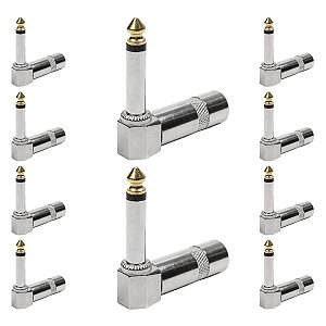Kit com 10 Conectores P10 Macho Linha Mono 90 Graus Metal Ponta Gold Storm