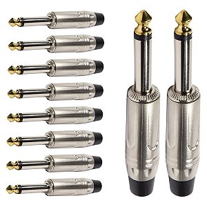 Kit com 10 Conectores P10 Macho Linha Mono Metal Ponta Gold Storm
