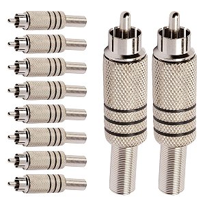 Kit com 10 Conectores Linha RCA Macho Metal Niquel Preto Storm