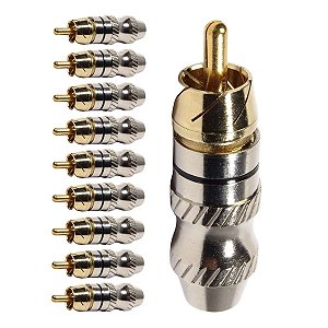 Kit com 10 Conectores Linha RCA Macho Metal Preto Storm