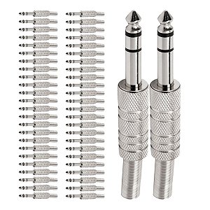 Kit com 50 Conectores P10 Macho Linha Stereo Niquel com Mola Storm